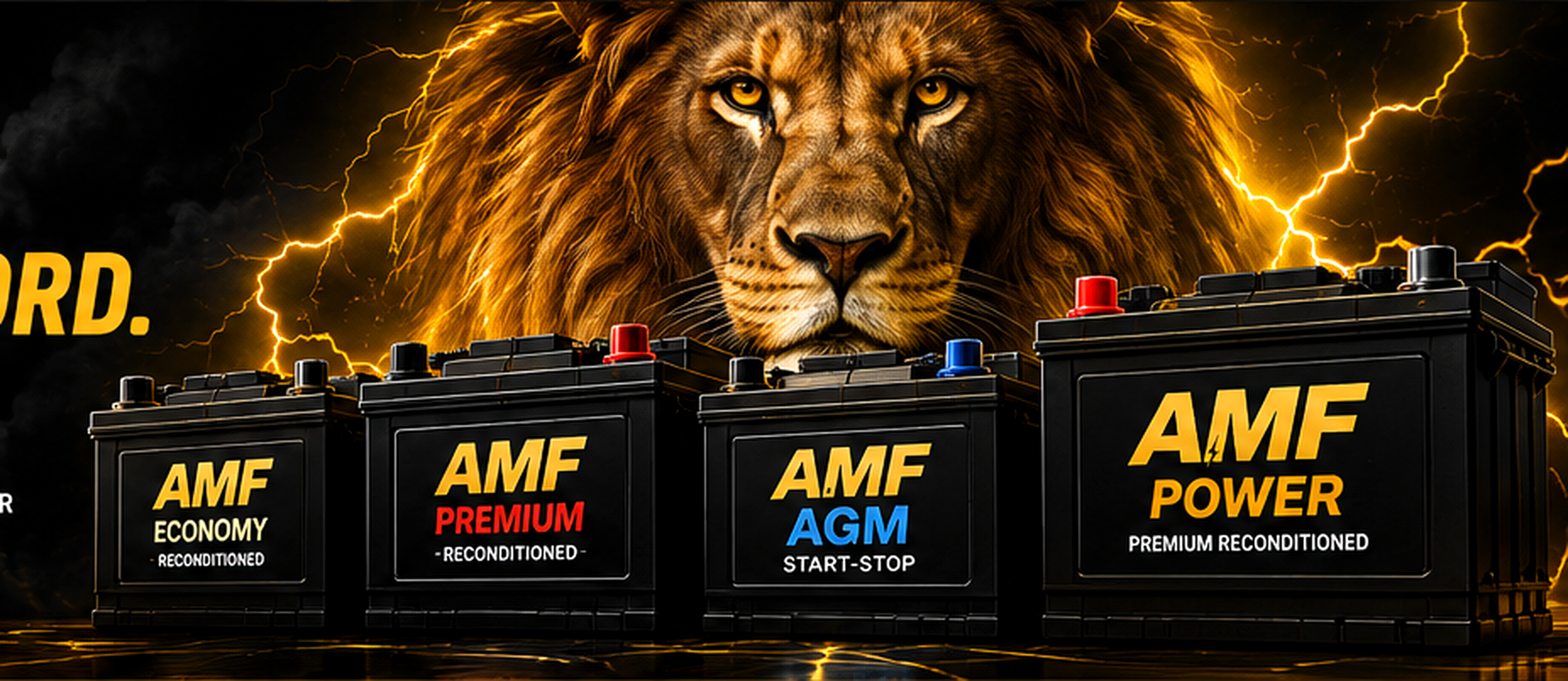 Realistic lion with AMF automotive batteries and gold lightning